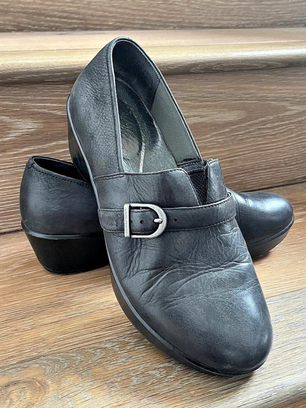 Dansko Tamara Black Leather Slip On Clogs with Buckle US Size 9.5